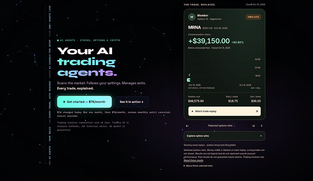 Tradexa AI website hero: Your AI trading agents, with a trade-replay card
